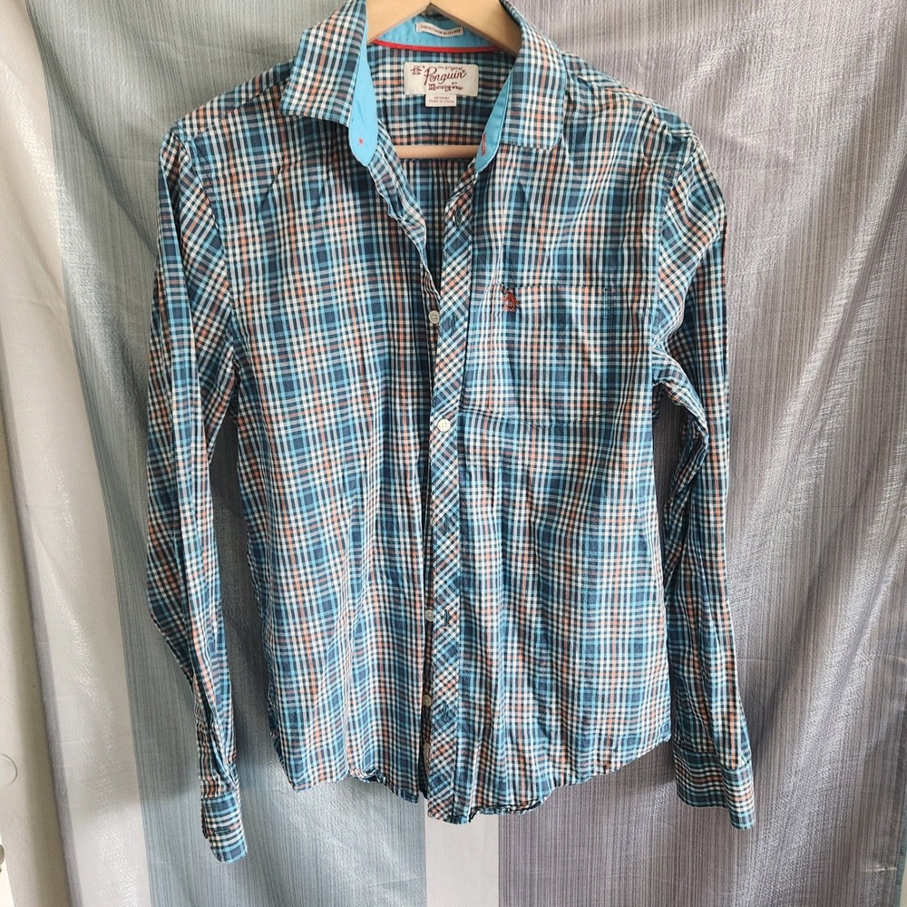 Original Penguin Heritage Slim Fit Plaid Button Down Shirt Mens M Blue Orange